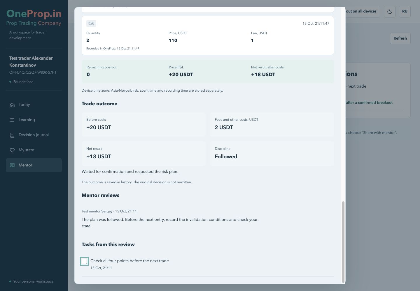 The actual OneProp desktop review screen with example mentor feedback