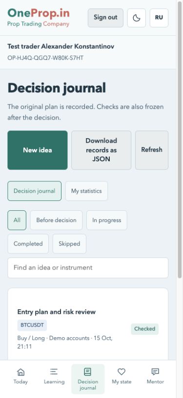 OneProp decision journal on a phone with example records