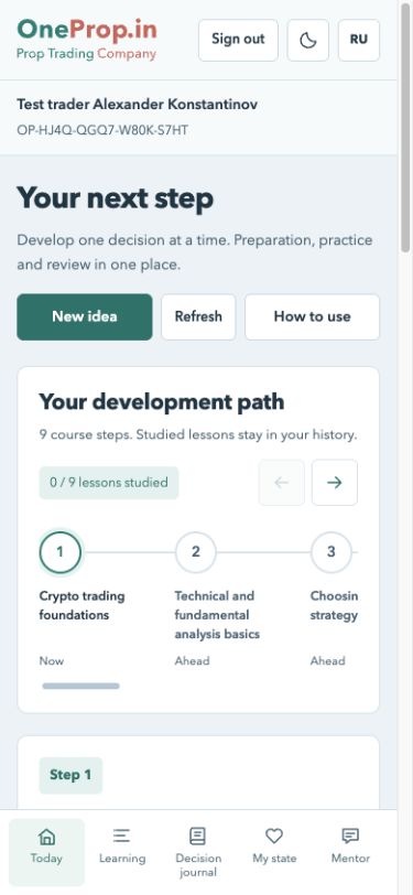 The actual OneProp mobile Today screen with a learning path and daily practice